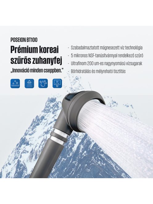 POSEION BT100® Prémium koreai revitalizáló zuhanyfej vízszűrővel, mágneses-ionizáló technológiával, szürke