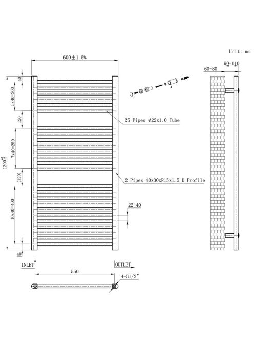 Egyenes törölközőszárító radiátor 1200x600 mm fekete