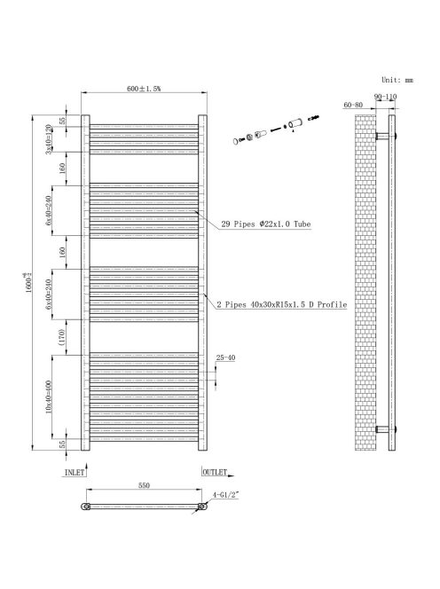Egyenes törölközőszárító radiátor 1600x600 mm fekete