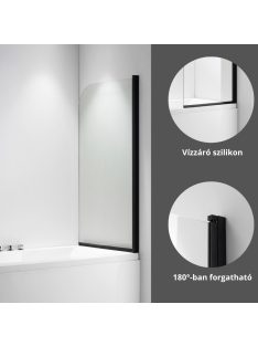   Stuxi Ravenna Black 75x140 kihajtható 1 szárnyú kádparaván 6 mm vastag vízlepergető biztonsági üveggel, fekete elemekkel