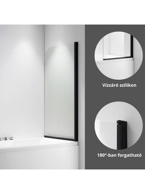 Stuxi Ravenna Black 75x140 kihajtható 1 szárnyú kádparaván 6 mm vastag vízlepergető biztonsági üveggel, fekete elemekkel