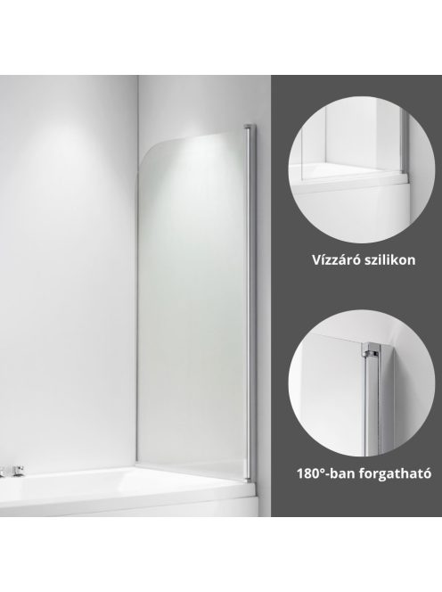 Stuxi Ravenna 75x140 kihajtható 1 szárnyú kádparaván 6 mm vastag vízlepergető biztonsági üveggel, krómozott elemekkel