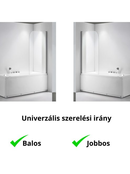 Stuxi Ravenna 75x140 kihajtható 1 szárnyú kádparaván 6 mm vastag vízlepergető biztonsági üveggel, krómozott elemekkel