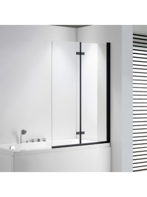 Stuxi Ravenna Black 100x140 összecsukható 2 szárnyú kádparaván 6 mm vastag vízlepergető biztonsági üveggel, fekete elemekkel