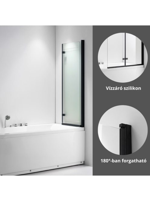 Stuxi Ravenna Black 100x140 összecsukható 2 szárnyú kádparaván 6 mm vastag vízlepergető biztonsági üveggel, fekete elemekkel