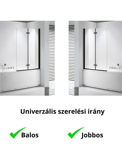 Stuxi Ravenna Black 100x140 összecsukható 2 szárnyú kádparaván 6 mm vastag vízlepergető biztonsági üveggel, fekete elemekkel