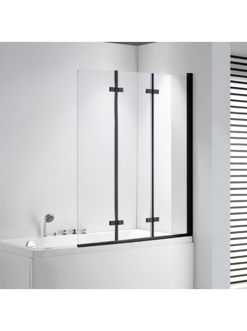 Stuxi Ravenna Black 120x140 összecsukható 3 szárnyú kádparaván 6 mm vastag vízlepergető biztonsági üveggel, fekete elemekkel
