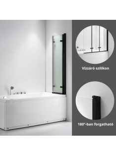   Stuxi Ravenna Black 120x140 összecsukható 3 szárnyú kádparaván 6 mm vastag vízlepergető biztonsági üveggel, fekete elemekkel