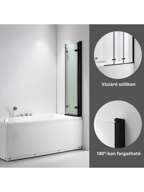 Stuxi Ravenna Black 120x140 összecsukható 3 szárnyú kádparaván 6 mm vastag vízlepergető biztonsági üveggel, fekete elemekkel