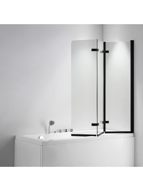 Stuxi Ravenna Black 120x140 összecsukható 3 szárnyú kádparaván 6 mm vastag vízlepergető biztonsági üveggel, fekete elemekkel