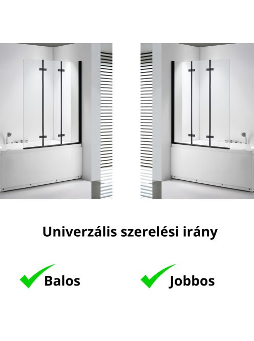 Stuxi Ravenna Black 120x140 összecsukható 3 szárnyú kádparaván 6 mm vastag vízlepergető biztonsági üveggel, fekete elemekkel