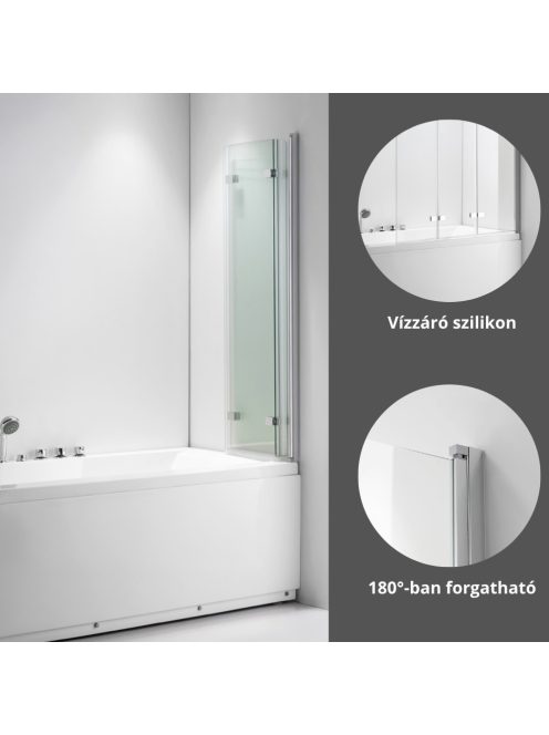 Stuxi Ravenna 120x140 összecsukható 3 szárnyú kádparaván 6 mm vastag vízlepergető biztonsági üveggel, krómozott elemekkel