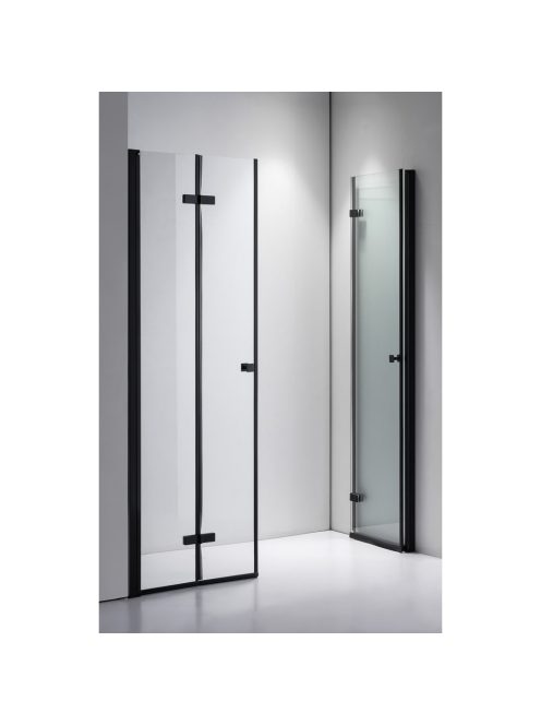 Stuxi Verona Big Black 230 cm széles aszimmetrikus kétszárnyú csukló zuhanyajtó, 6 mm vízlepergető üveggel, matt fekete profillal, 195 cm magas