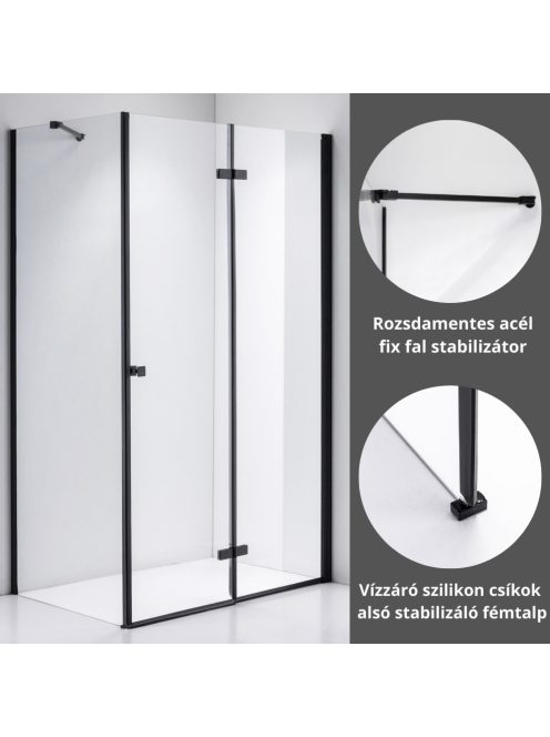 Stuxi Verona Black 120x100 aszimmetrikus csuklóajtós zuhanykabin 6 mm vízlepergető biztonsági üveggel, fekete