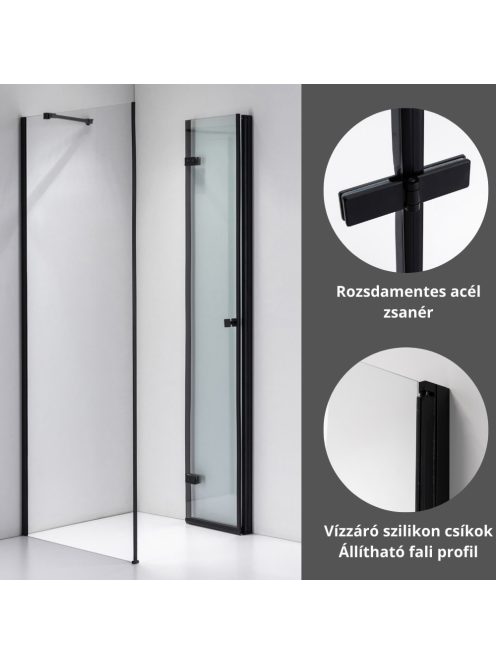 Stuxi Verona Black 120x120 cm szögletes csuklóajtós zuhanykabin, 6 mm vízlepergető üveggel, fekete elemekkel