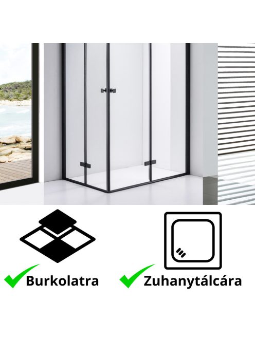 Stuxi Verona Duo Black 80x90 aszimmetrikus két csuklóajtós zuhanykabin 6 mm vízlepergető üveggel, fekete