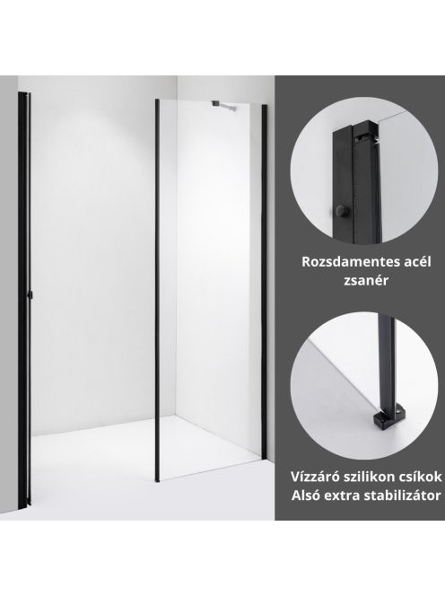 Stuxi Verona Fix Black 190 cm (80+110) széles csukló zuhanyajtó fix fallal, 6 mm vízlepergető üveggel, matt fekete profillal, 195 cm magas