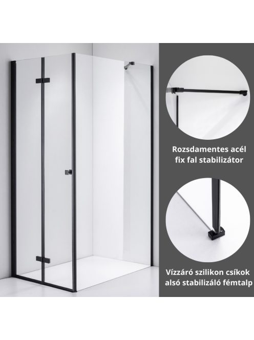Stuxi Verona Black 80x90 aszimmetrikus csuklóajtós zuhanykabin 6 mm vízlepergető biztonsági üveggel, fekete