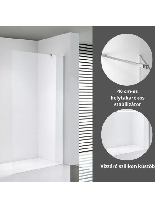 Stuxi Eco Walk-in zuhanyfal, 80x195 cm, 6 mm vastag vízlepergető biztonsági üveggel, 195 cm magas, helytakarékos sarok stabilizátorral