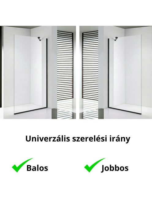 Stuxi Eco Black Walk-in zuhanyfal, 110x195 cm, 6 mm vastag vízlepergető biztonsági üveggel, 195 cm magas, helytakarékos sarok stabilizátorral