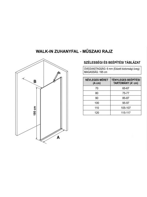 Stuxi Eco Black Walk-in zuhanyfal, 110x195 cm, 6 mm vastag vízlepergető biztonsági üveggel, 195 cm magas, helytakarékos sarok stabilizátorral
