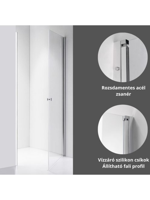 Stuxi Bari 70/80/90/100 cm széles egyszárnyú nyíló zuhanyajtó, 6 mm vízlepergető üveggel, króm profillal, 195 cm magas