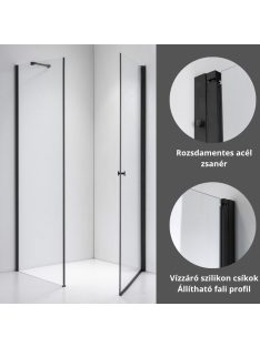   Stuxi Bari Black 100x80 aszimmetrikus nyílóajtós zuhanykabin 6 mm vízlepergető biztonsági üveggel, matt fekete