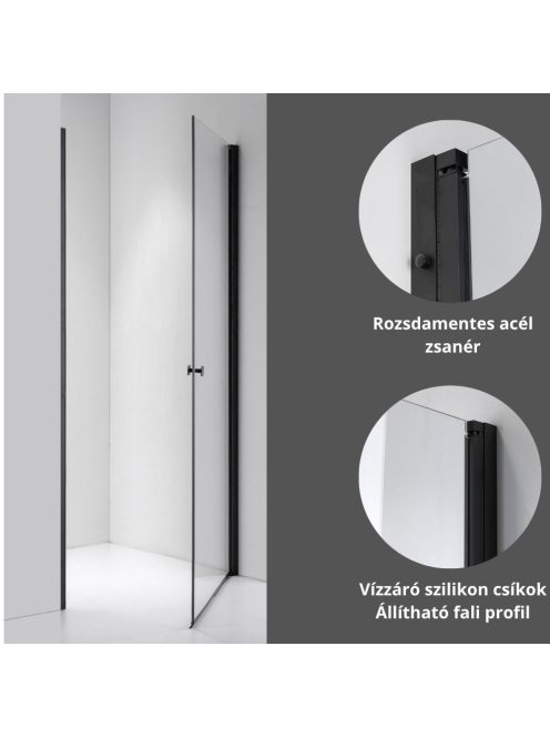 Stuxi Bari Black 100 cm széles egyszárnyú nyíló zuhanyajtó, 6 mm vízlepergető üveggel, matt fekete profillal, 195 cm magas