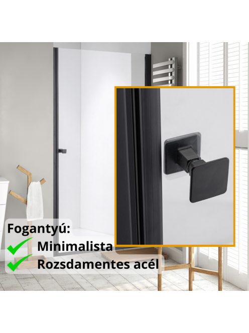Stuxi Bari Black 70/80/90/100 cm széles egyszárnyú nyíló zuhanyajtó, 6 mm vízlepergető üveggel, matt fekete profillal, 195 cm magas