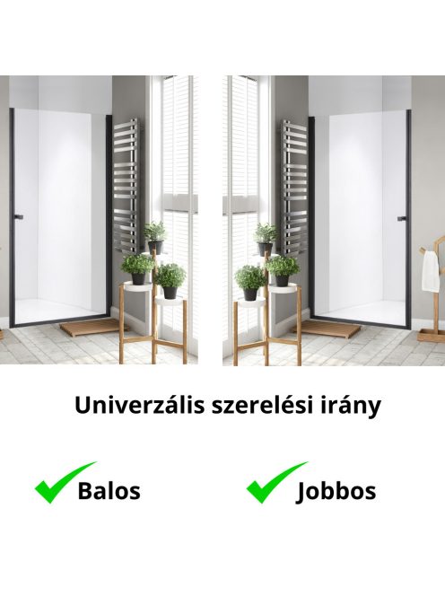 Stuxi Bari Black 70/80/90/100 cm széles egyszárnyú nyíló zuhanyajtó, 6 mm vízlepergető üveggel, matt fekete profillal, 195 cm magas