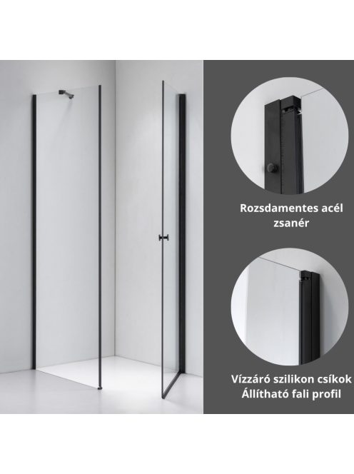 Stuxi Bari Black 80x80 cm szögletes nyílóajtós zuhanykabin, 6 mm vízlepergető üveggel, matt fekete elemekkel