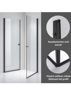   Stuxi Bari Duo Black 80x70 aszimmetrikus 2 nyíló ajtós zuhanykabin 6 mm vízlepergető biztonsági üveggel, matt fekete
