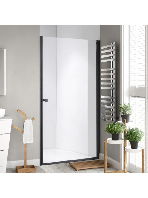 Stuxi Bari Black 80 cm széles egyszárnyú nyíló zuhanyajtó, 6 mm vízlepergető üveggel, matt fekete profillal, 195 cm magas
