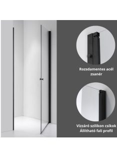   Stuxi Bari Black 80 cm széles egyszárnyú nyíló zuhanyajtó, 6 mm vízlepergető üveggel, matt fekete profillal, 195 cm magas