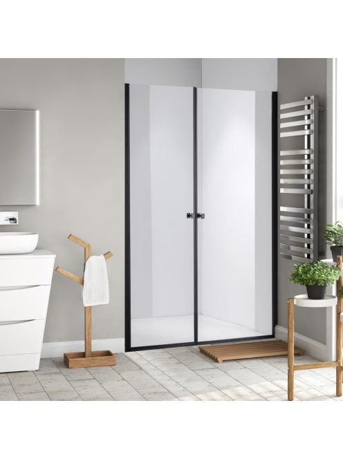 Stuxi Bari Big Black 190 cm széles aszimmetrikus kétszárnyú nyíló zuhanyajtó, 6 mm vízlepergető üveggel, matt fekete profillal, 195 cm magas