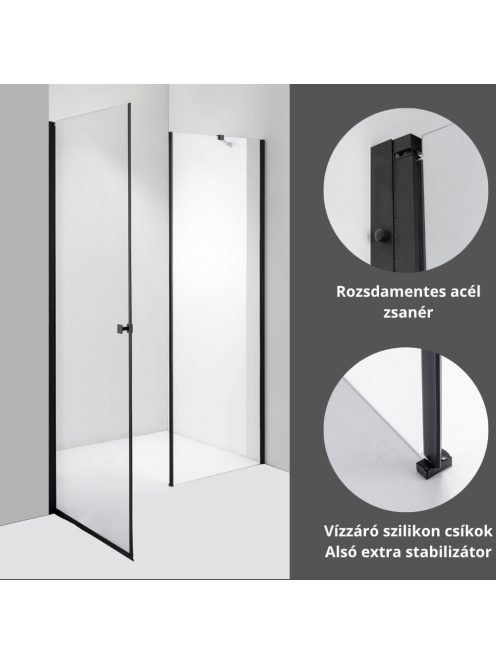 Stuxi Bari Fix Black 170 cm (90+80) széles nyíló zuhanyajtó fix fallal, 6 mm vízlepergető üveggel, matt fekete profillal, 195 cm magas