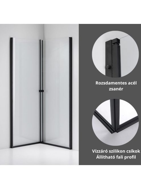 Stuxi Bari Duo Black 90x90 cm szögletes nyílóajtós zuhanykabin, 6 mm vízlepergető üveggel, matt fekete elemekkel