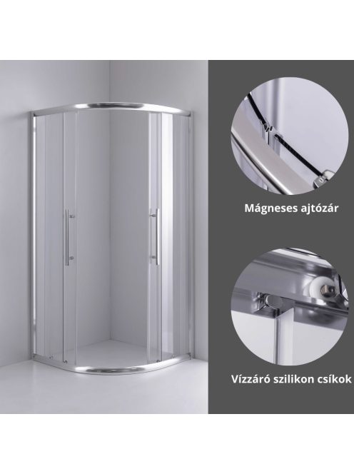 Stuxi Nizza 90x90 cm íves két tolóajtós zuhanykabin 6 mm vízlepergető biztonsági üveggel, króm elemekkel, 190 cm magas, zuhanytálcával és szifonnal