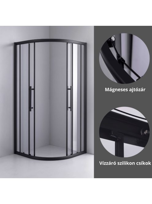 Stuxi Nizza Black 80x80 cm íves két tolóajtós zuhanykabin 6 mm vízlepergető biztonsági üveggel, fekete elemekkel, 190 cm magas, zuhanytálcával és szifonnal