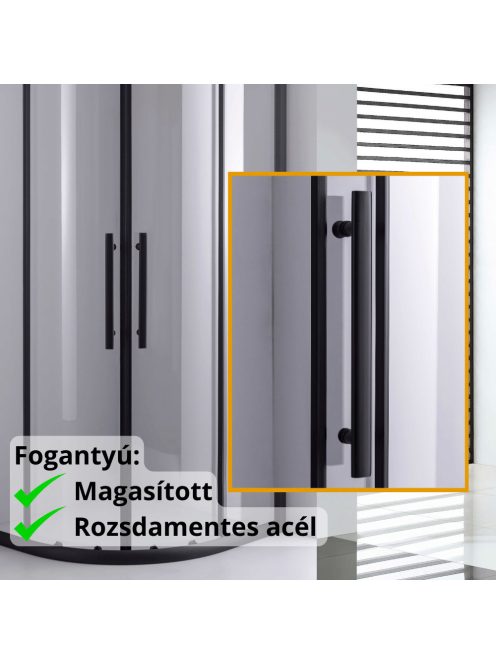 Stuxi Nizza Black 90x90 cm íves két tolóajtós zuhanykabin 6 mm vízlepergető biztonsági üveggel, fekete elemekkel, 190 cm magas, zuhanytálcával és szifonnal