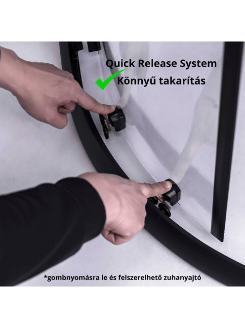 Stuxi Nizza Black 90x90 cm íves két tolóajtós zuhanykabin 6 mm vízlepergető biztonsági üveggel, fekete elemekkel, 190 cm magas, zuhanytálcával és szifonnal