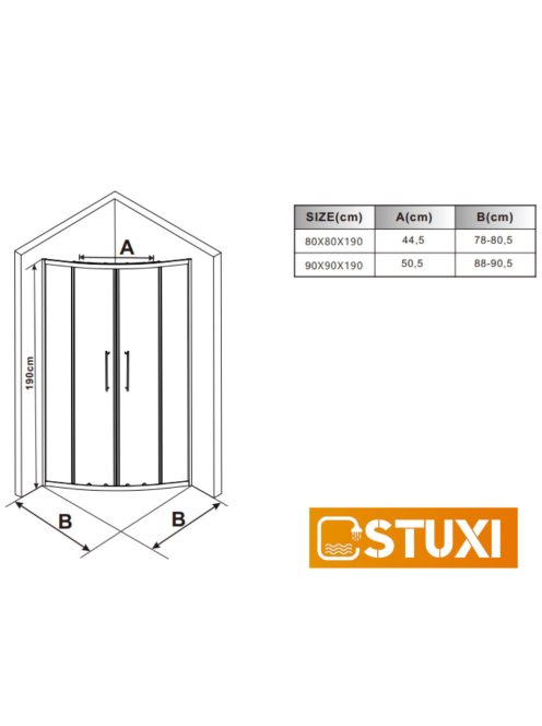 Stuxi Nizza Black 90x90 cm íves két tolóajtós zuhanykabin 6 mm vízlepergető biztonsági üveggel, fekete elemekkel, 190 cm magas, zuhanytálcával és szifonnal