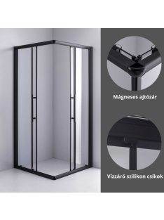   Stuxi Nizza Black 100x100 cm szögletes két tolóajtós zuhanykabin 6 mm vízlepergető biztonsági üveggel, fekete elemekkel, 190 cm magas