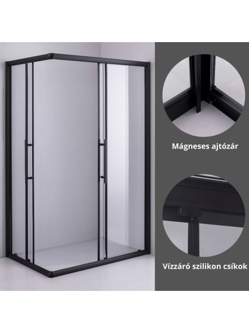 Stuxi Nizza Black 120x80 cm aszimmetrikus két tolóajtós zuhanykabin 6 mm vízlepergető biztonsági üveggel, fekete elemekkel, 190 cm magas, zuhanytálcával és szifonnal