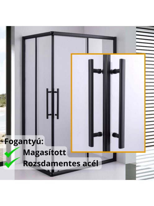 Stuxi Nizza Black 120x80 cm aszimmetrikus két tolóajtós zuhanykabin 6 mm vízlepergető biztonsági üveggel, fekete elemekkel, 190 cm magas, zuhanytálcával és szifonnal