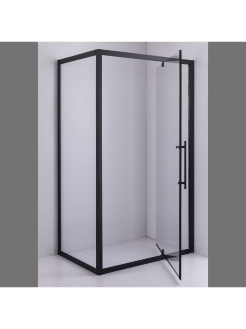 Stuxi Torino Black 100x90 aszimmetrikus szögletes nyílóajtós zuhanykabin 6 mm vízlepergető biztonsági üveggel, matt fekete elemekkel, 200 cm magas