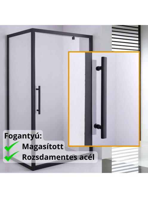 Stuxi Torino Black 100x70 aszimmetrikus szögletes nyílóajtós zuhanykabin 6 mm vízlepergető biztonsági üveggel, matt fekete elemekkel, 200 cm magas