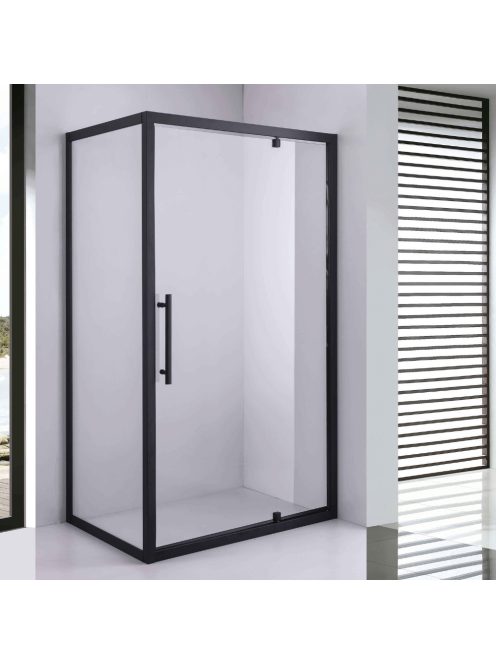 Stuxi Torino Black 110x90 aszimmetrikus szögletes nyílóajtós zuhanykabin 6 mm vízlepergető biztonsági üveggel, matt fekete elemekkel, 200 cm magas