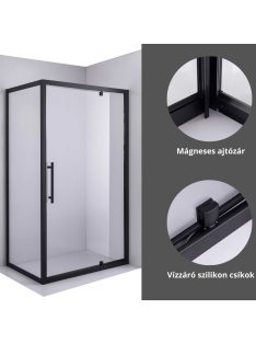   Stuxi Torino Black 120x100 aszimmetrikus szögletes nyílóajtós zuhanykabin 6 mm vízlepergető biztonsági üveggel, matt fekete elemekkel, 200 cm magas