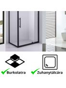Stuxi Torino Black 120x70 aszimmetrikus szögletes nyílóajtós zuhanykabin 6 mm vízlepergető biztonsági üveggel, matt fekete elemekkel, 200 cm magas